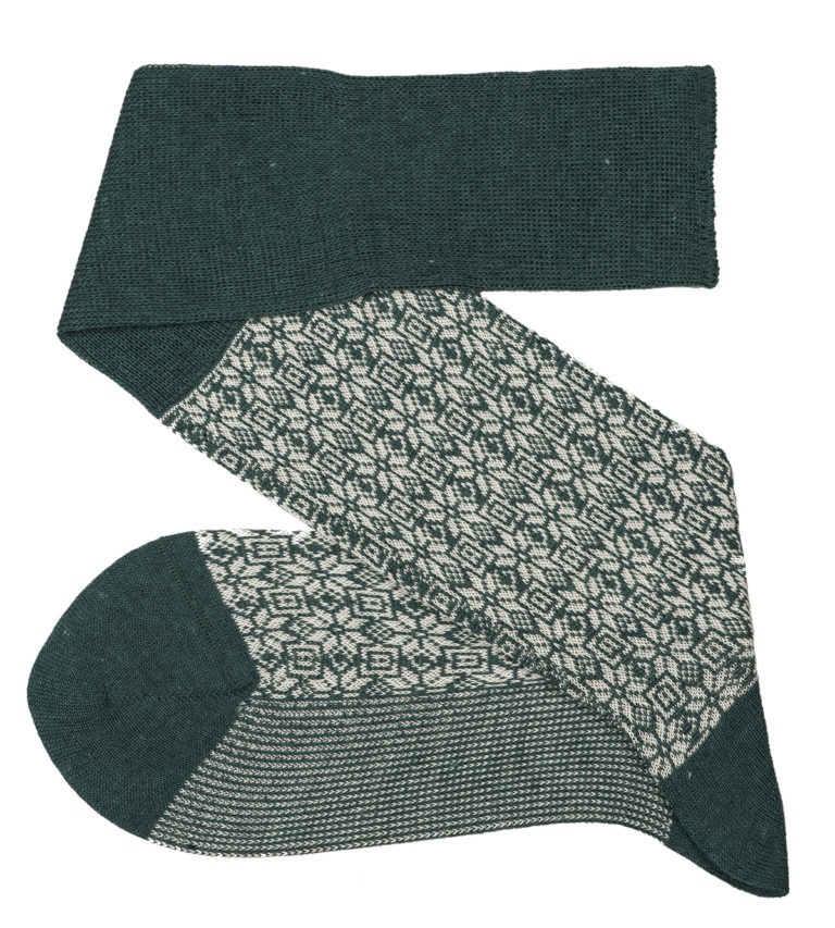 Green White Snow Flake Over the Calf Luxury Wool Silk Sock Buy wool socks