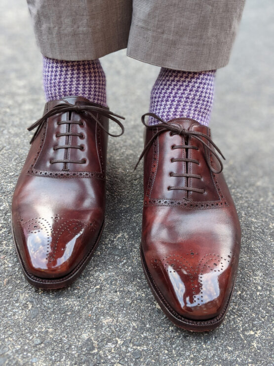 houndstooth purple white wool socks with perfect shoes