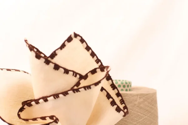 Dark Brown - Beige  Stitch Cream Linen Pocket Square - Image 4