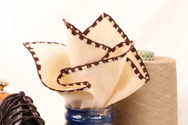 Dark Brown - Beige  Stitch Cream Linen Pocket Square