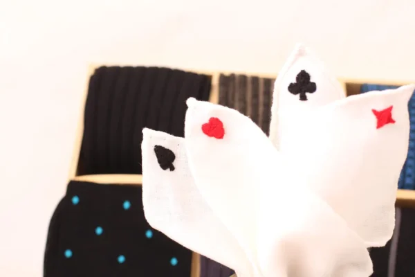White Linen Poker Card Suits Embroidered Pocket Square - Image 2
