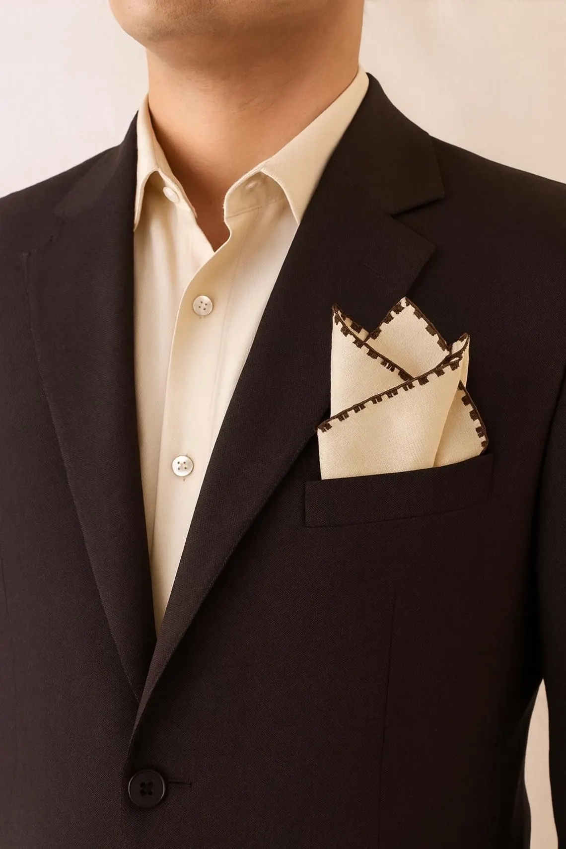 Dark Brown - Beige Stitch Cream Linen Pocket Square - Image 7