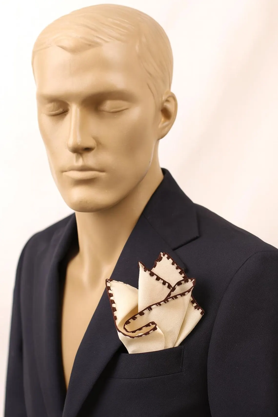 Dark Brown - Beige Stitch Cream Linen Pocket Square - Image 8