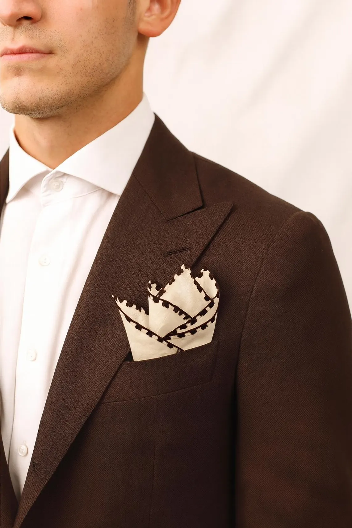 Dark Brown - Beige Stitch Cream Linen Pocket Square