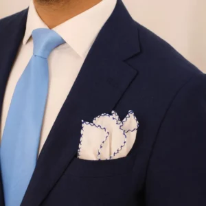 White - Stitch Blue Linen Pocket Square