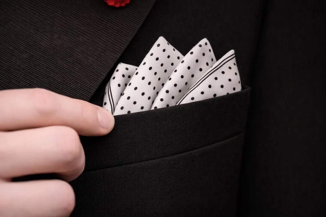 White Dots Pocket Square with Hand-Rolled Edges - Digital Print Luxury Men's Fashion Accessory
