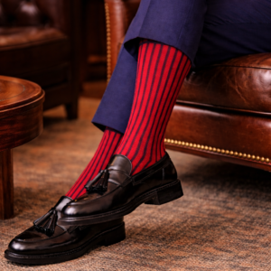 folded navy blue red striped cotton socks for men